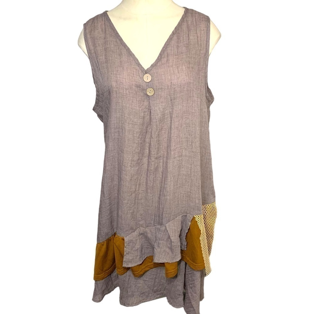 MISSLOOK Tan Brown Flowy Tank Dress Lagen Look Artsy Boho Ruffle  XL (real M/L)